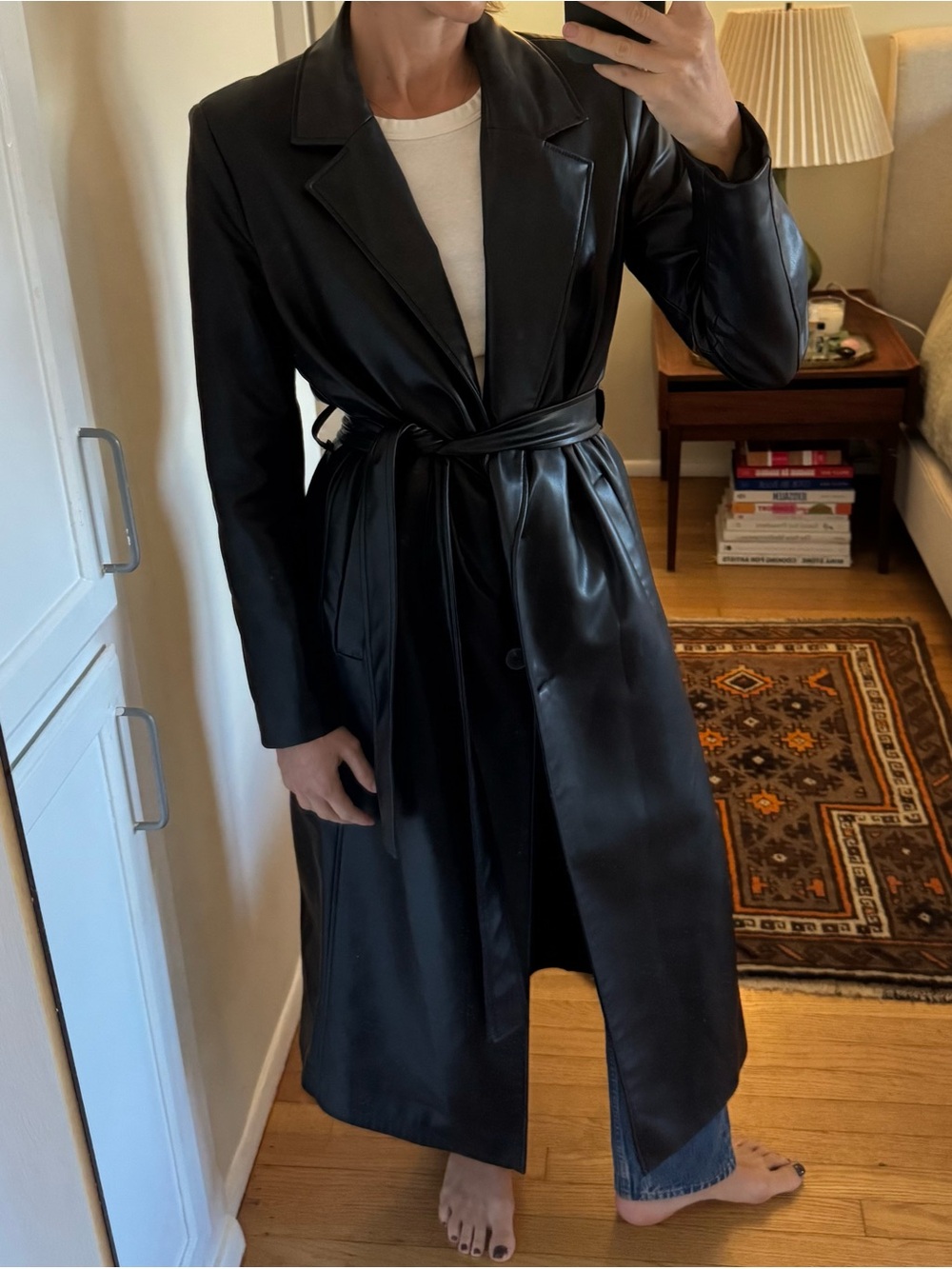 Zara Black Faux Leather Belted Trench Coat